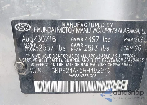 2017 Hyundai Sonata Se z USA, uszkodzony, nr VIN 5NPE24AF5HH492940